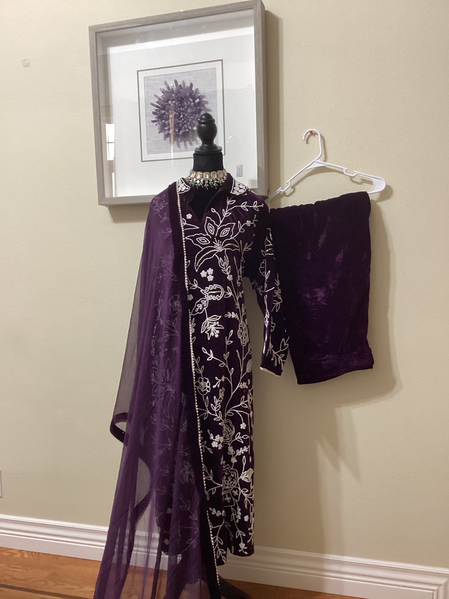 Deep purple velvet long kameez (tunic) with straight palazzo and Dupatta