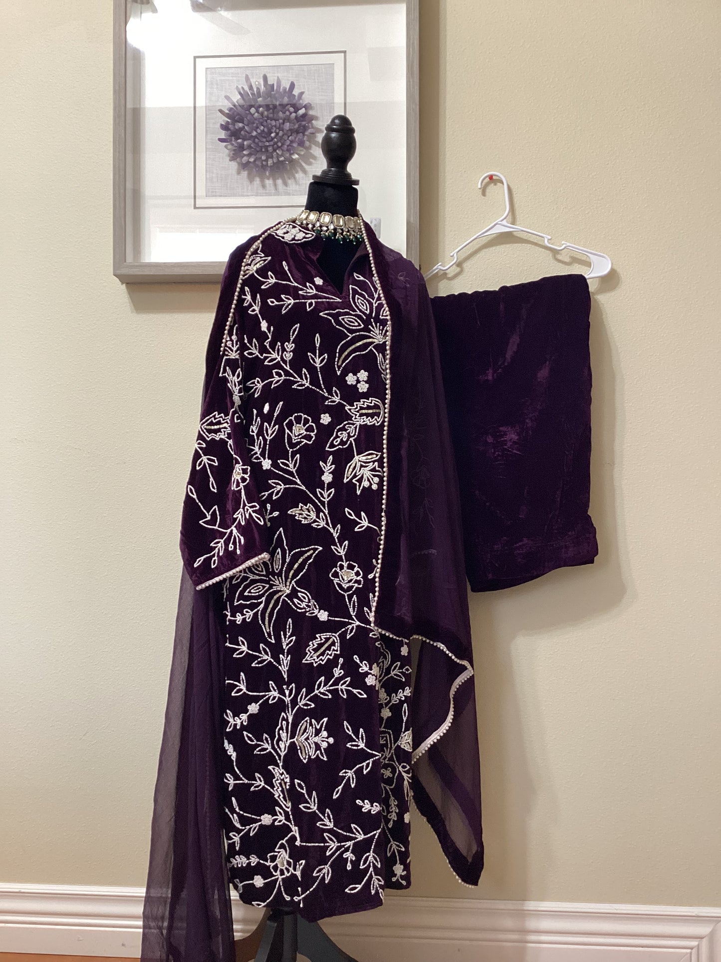 Deep purple velvet long kameez (tunic) with straight palazzo and Dupatta