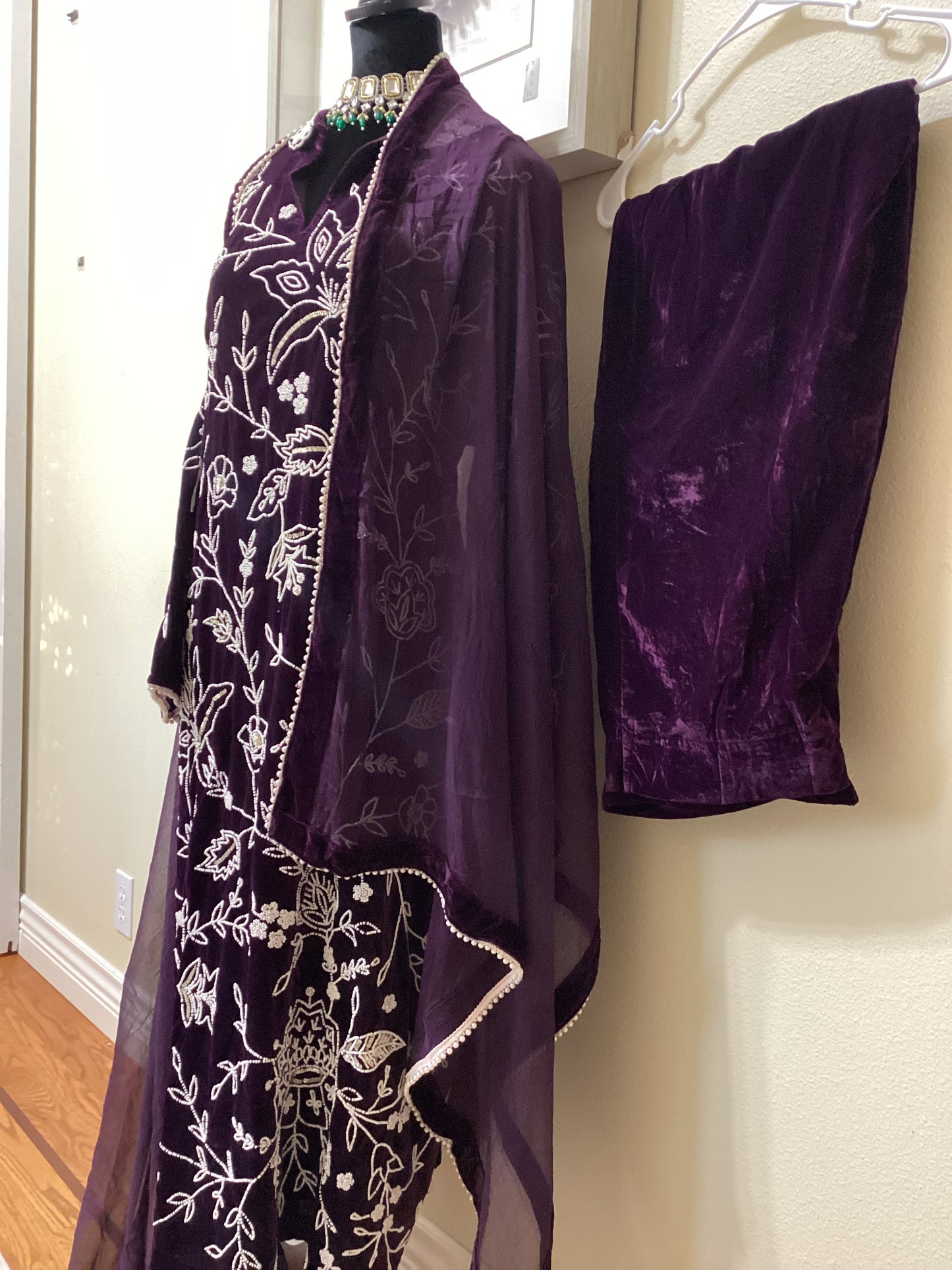 Deep purple velvet long kameez (tunic) with straight palazzo and Dupatta